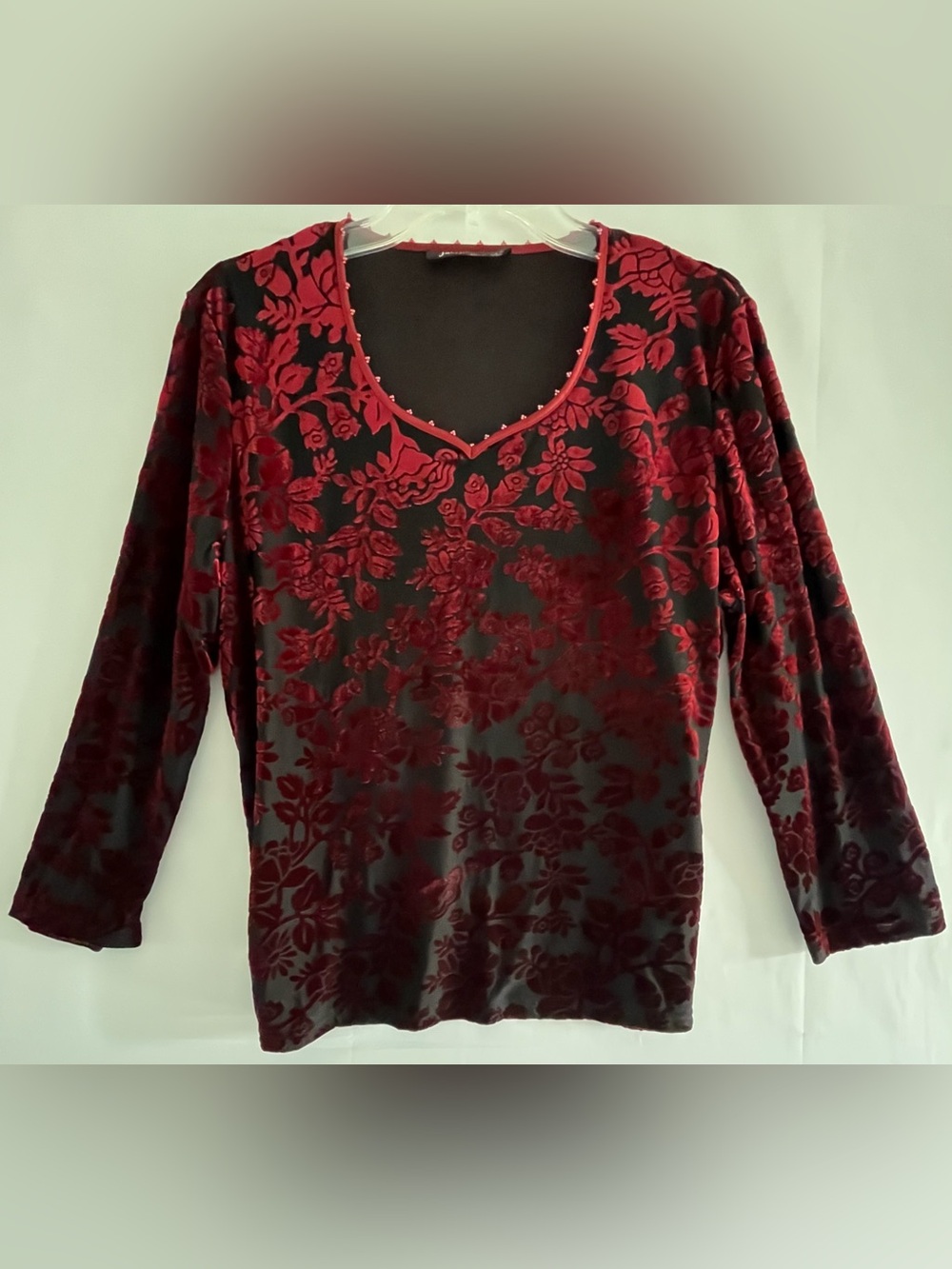 Burnout Velvet Top Red Black Floral Mesh V-Neck